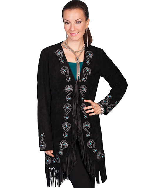 (image for) Fringe embroidered suede coat